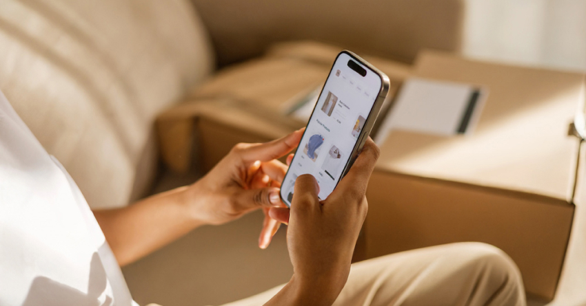Person holding a smartphone and browsing an online store with clothing items displayed, with cardboard boxes in the background