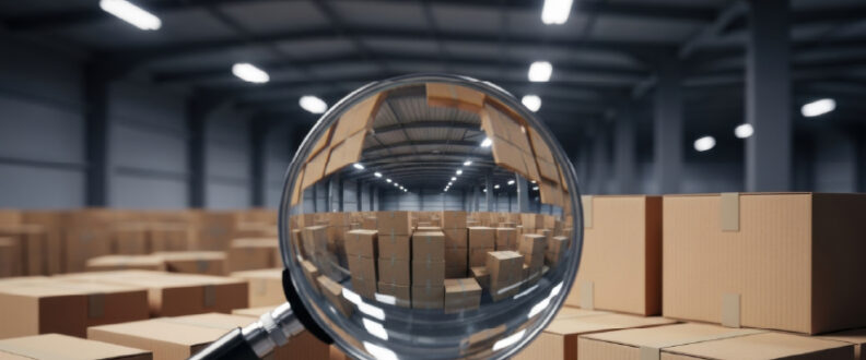 Magnifying glass focusing on cardboard shipping boxes in large warehouse distribution center with industrial lighting