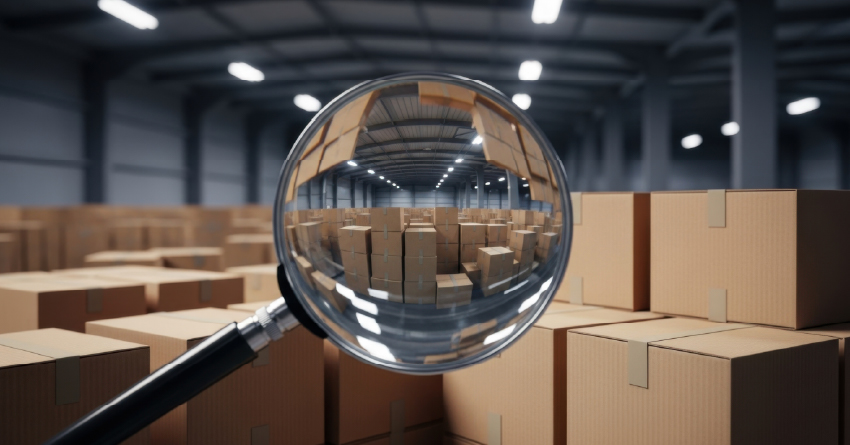 Magnifying glass focusing on cardboard shipping boxes in large warehouse distribution center with industrial lighting