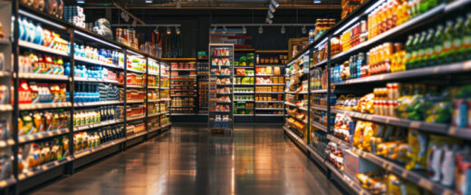 A grocery store aisle with shelves stocked with food products.