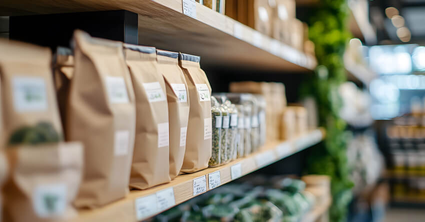 Sustainable packaging made from paper products on a retail shelf