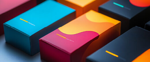 Close-up arrangement of modern product packaging boxes featuring bold, vibrant colors including bright blue, hot pink, orange gradient, and dark navy, each with minimalist curved design elements and small yellow accent lines on their surfaces