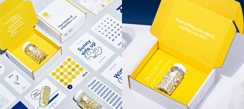 Ritual packaging and branding design elements displayed on a table.