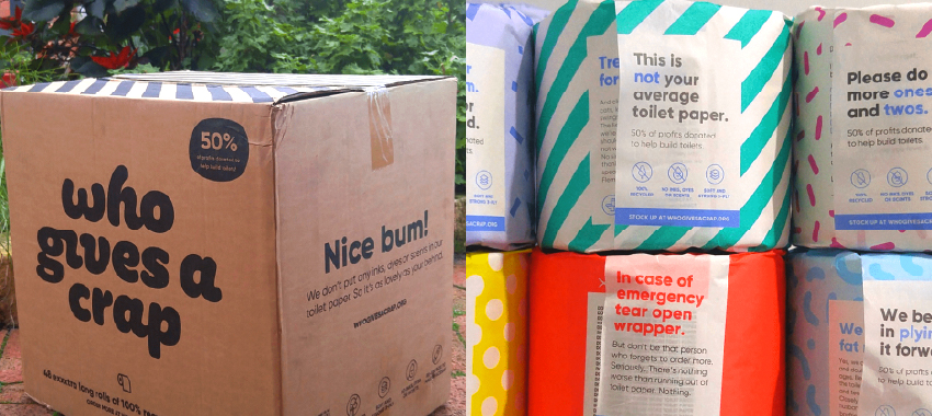 A box branded with the logo of Who Gives a Crap toilet paper company