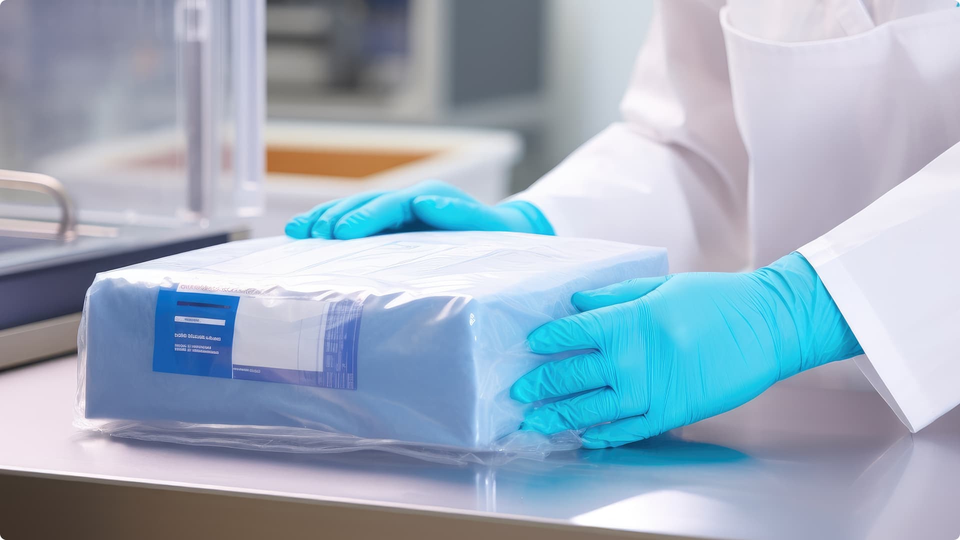Gloved hands in blue nitrile gloves handle a sealed package of laboratory supplies or specimens wrapped in clear plastic.
