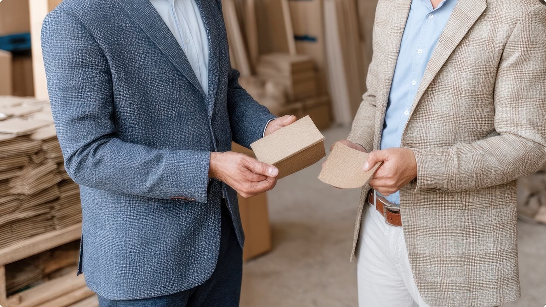 Business people examining sustainable packaging materials