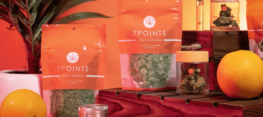 Display of 7POINTS hybrid cannabis products in orange packaging, arranged with decorative oranges and a pineapple plant on a wooden surface with red fabric.