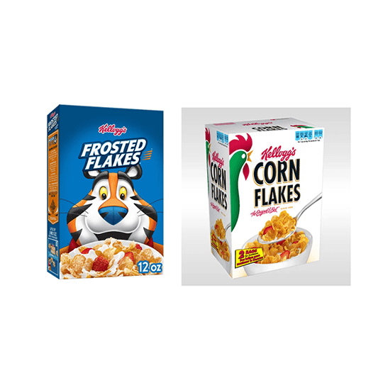 1990s Kellogg's Frosted Flakes and Corn Flakes packaging